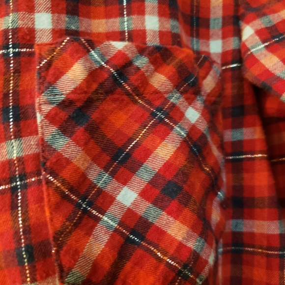 Cute red plaid flannel shirt with silver metallic threads throughout. Like new - Picture 8 of 8